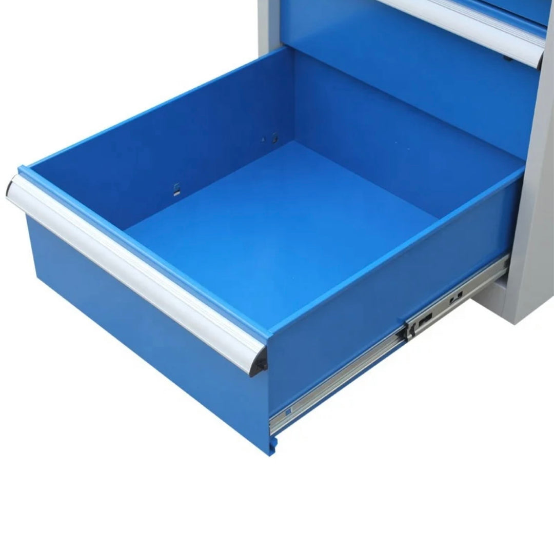 Lager|Zwei Profi Werkbank mit Schubladenschrank - 150*80*75 - Schubladen RAL 5010 / Korpus RAL 7047