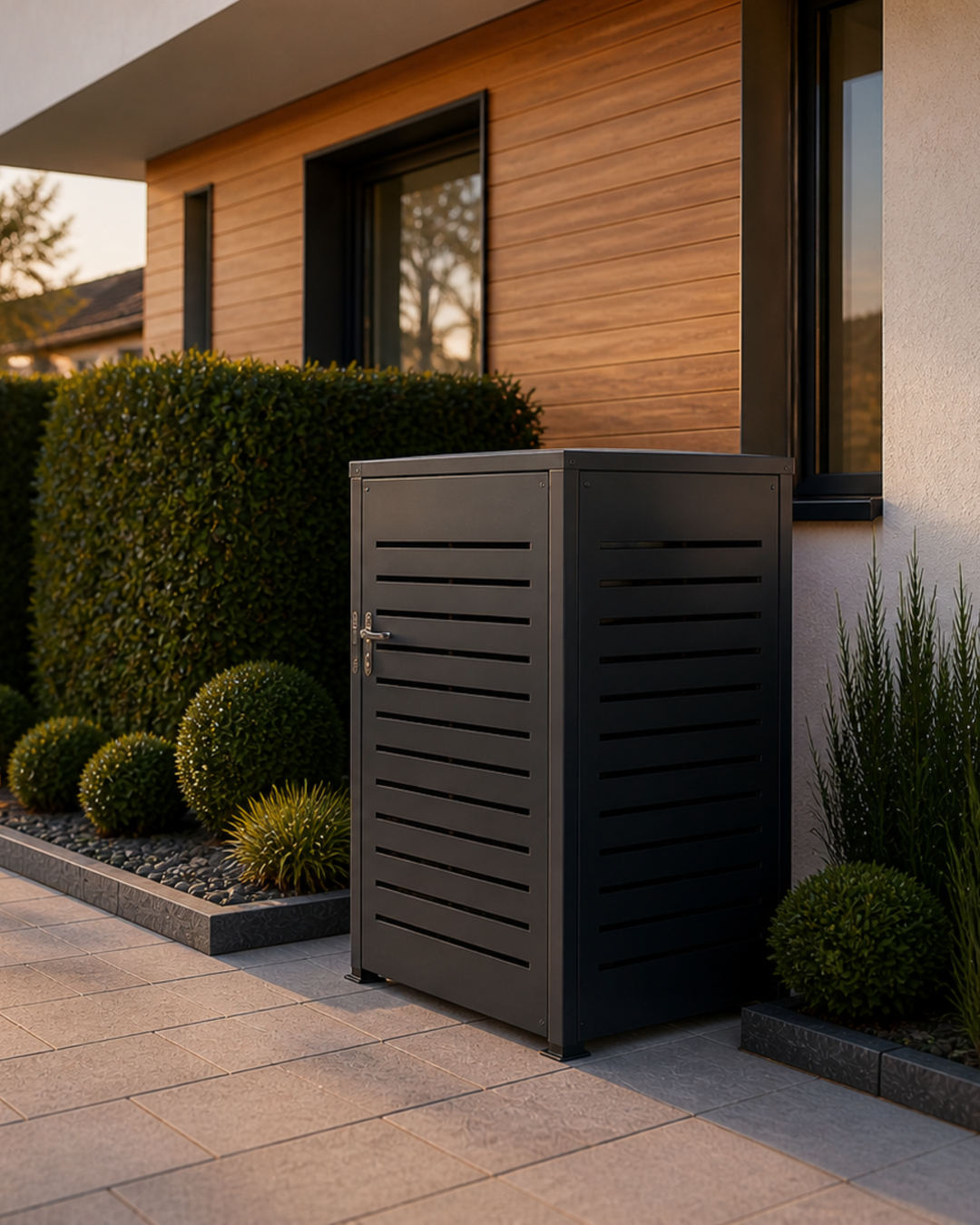 Moderne Mülltonnenbox aus Stahl vor Einfamilienhaus, Wetterfeste Stahl Mülltonnenbox mit elegantem Design